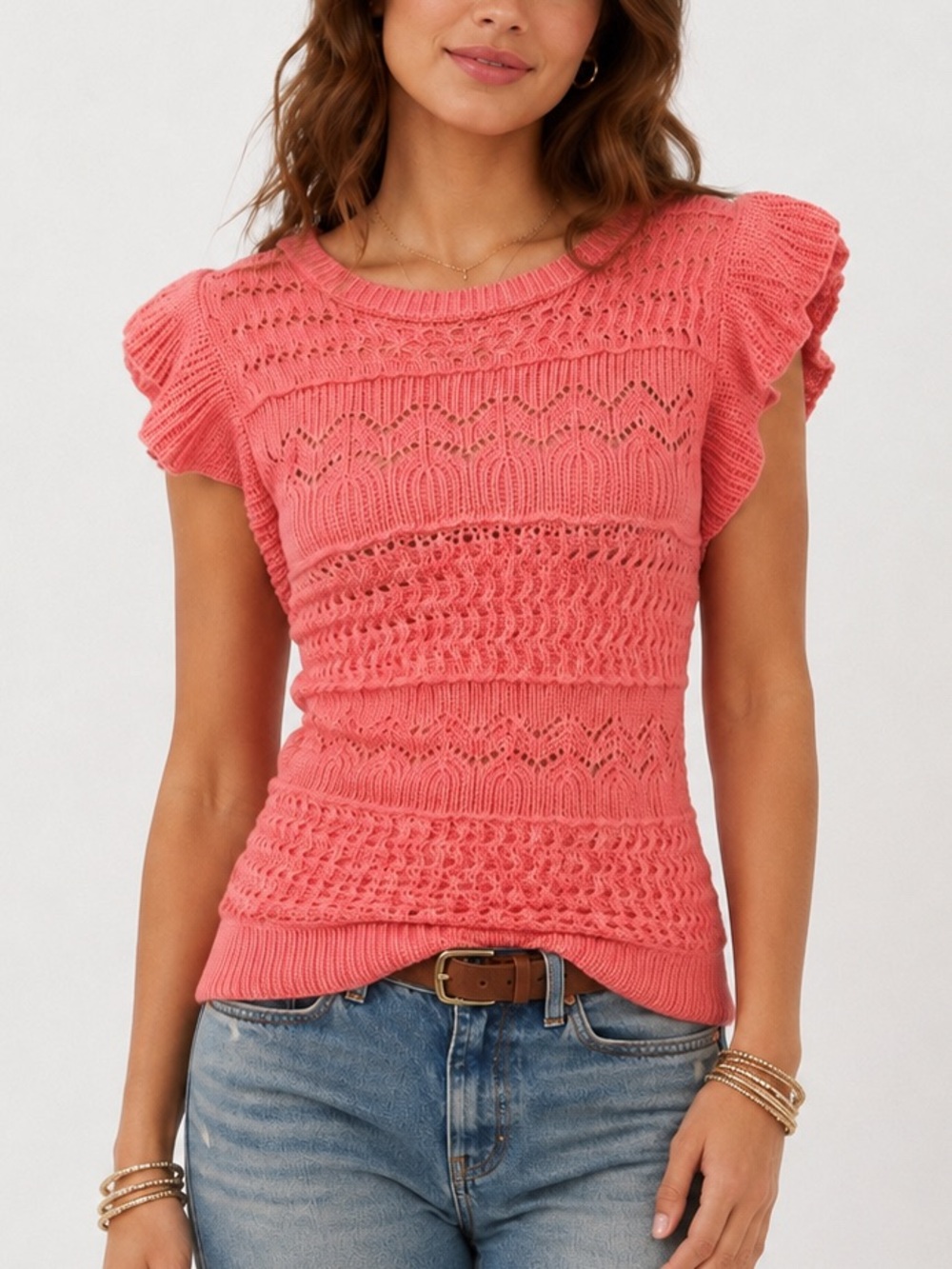 Staccato Coral Pointelle Knit Sweater Top Ruffle Sleeve Boho Chic Small